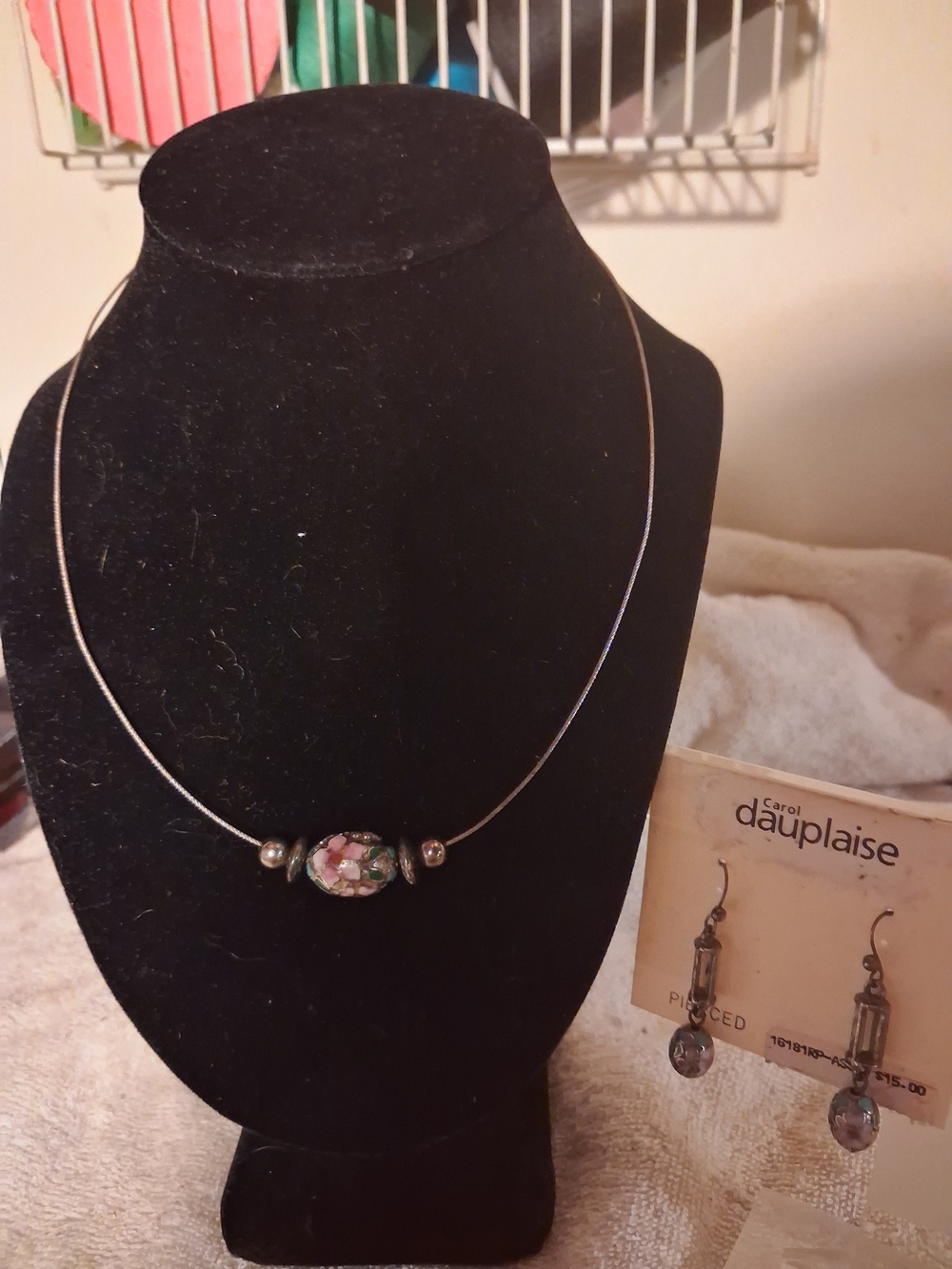 Not New,Vintage Floral Closione Glass Bead Choker Necklace & Pierced Earrings.